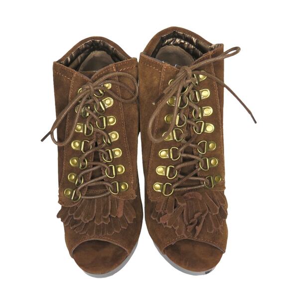 N.Y.L.A. Sabie Brown Suede Tassel Booties Peep Toe Lace Up Ankle Boots 7.5 Boho - Picture 4 of 10